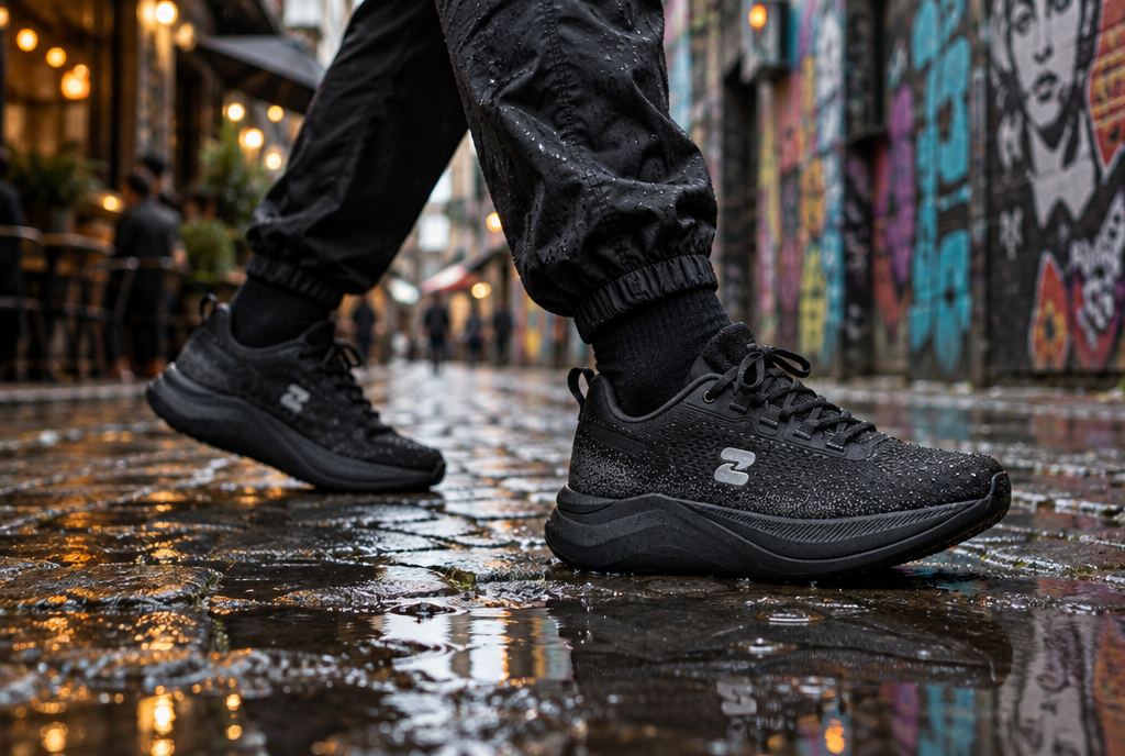 Black Oszea sneakers in a rainy Melbourne laneway on wet bluestone