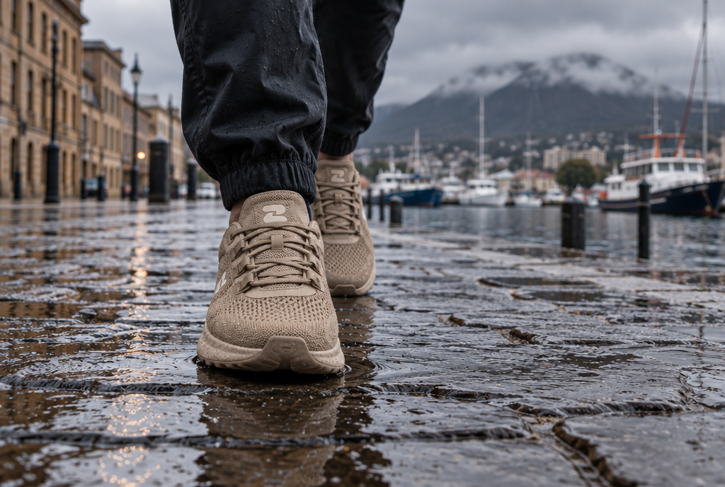 Oszea Coastal Sand sneakers on Hobart's rainy waterfront