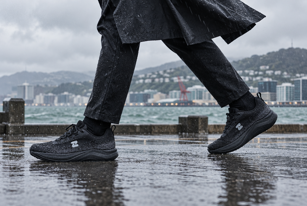 Black Oszea waterproof knit sneakers on a windy, wet Wellington waterfront
