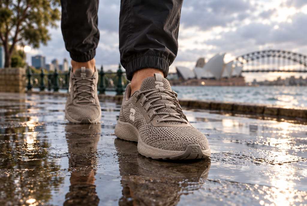 Oszea Coastal Sand sneakers on a wet Sydney harbourside path after a storm