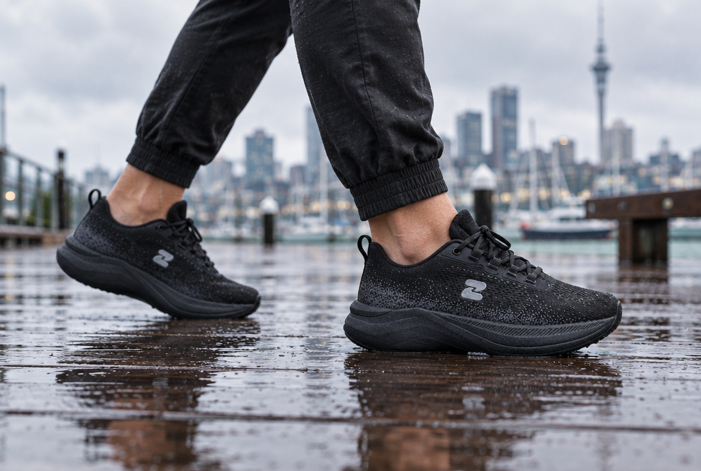 Oszea Tasman Essentials in Onyx Eclipse on a rain-soaked Auckland harbourside boardwalk