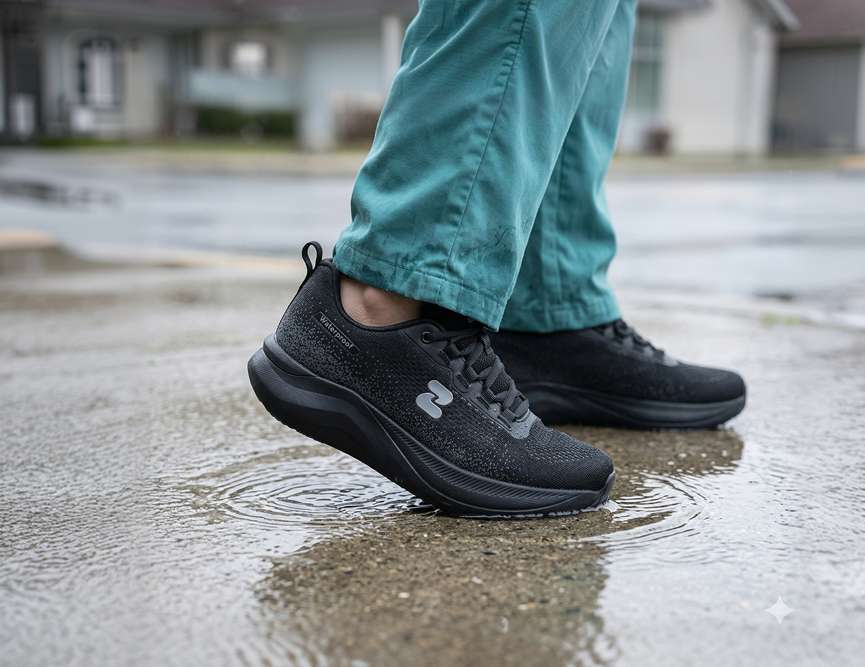 Black Tasman Essentials stepping through a rain puddle